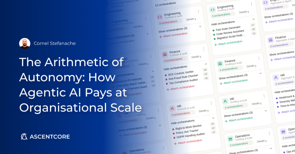 Every AI initiative in your organisation, the workflows your domain experts build, the coding and reasoning agents your engineers rely on, the external systems each one touches, can live under a single view instead of scattered across teams and tools where no one can account for them. AscentCore AI Hub brings them together as one governed portfolio, where every run writes itself to a durable, append-only history, every scheduled pipeline executes a published, versioned playbook, and every decision, output, and model call is recorded in a trail you can inspect, export, and defend. The productivity stays; what you add is command. Would you like to see all of your AI initiatives, their workflows, and their tools under one fully auditable and traceable view?